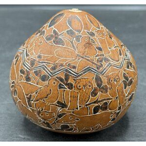 Peruvian Folk Art Hand Carved Wildlife Storytelling Gourd